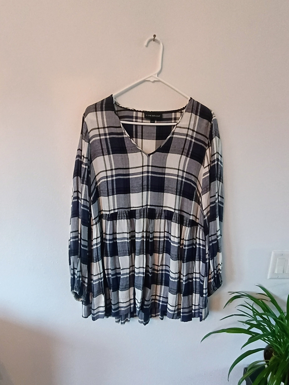 Lane Bryant Plaid Babydoll Tunic Top 14/16 Plus Size Rayon Empire Waist Flowy